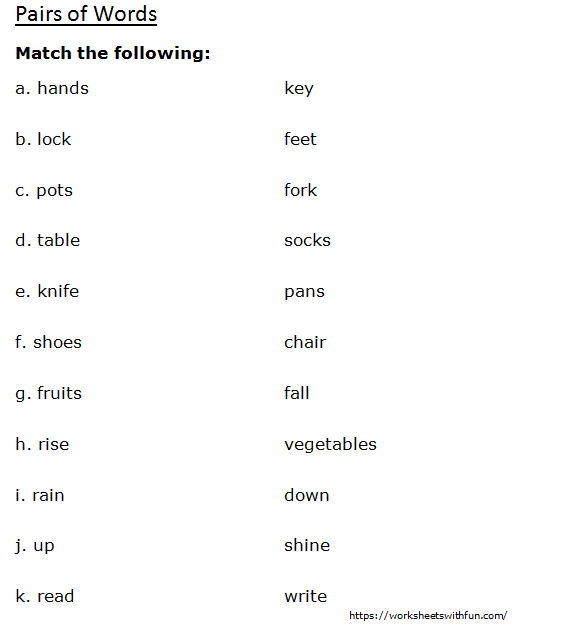 English - Class 1: Pairs of Words (Matching) - Worksheet 2